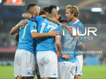 Omar El Kaddouri of SSC Napoli celebrates with team mates after scoring during UEFA Europa League Group D match between SSC Napoli and FC Mi...