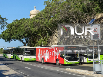 Bus waiting on a Malta Public Transport bus stop is seen in Valletta, Malta on 24 September 2022 (
