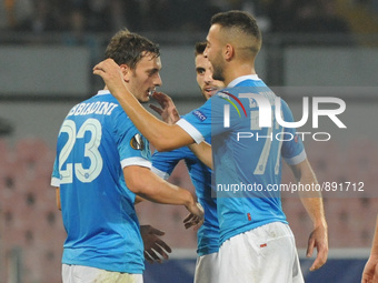 Manolo Gabbiadini of SSC Napoli celebrates with team mates after scoring during UEFA Europa League Group D match between SSC Napoli and FC M...