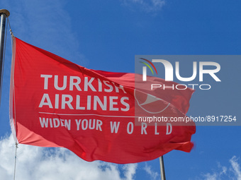 Turkish Airlines flag with logo is seen in Luqa, Malta on 25 September 2022 Malta International Airport  is the only airport in Malta and it...
