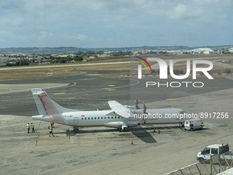 Tunisair (Tunisia) ATR 72-600 (reg no. TS-LBF) plane on the tarmac is seen in Luqa, Malta on 25 September 2022 Malta International Airport...