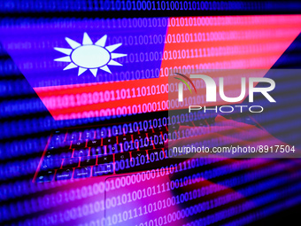 Flag of Taiwan displayed on a laptop screen and binary code displayed on a screen are seen in this multiple exposure illustration photo take...