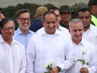 Colombian President Gustavo Petro (left) with Venezuelan Transport Minister Ramon Velasquez (right) and the governor of Tachira (Venezuela)...