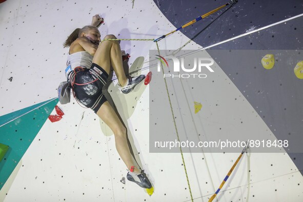 Janja Garnbret of Team Slovenia climbs as she competes during the final women's lead discipline International Federation of Sport Climbing (...