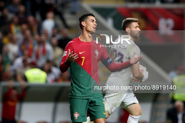 Cristiano Ronaldo of Portugal reacts during the UEFA Nations League Group A2 football match between Portugal and Spain, at the Municipal Sta...