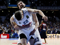 SPAIN, Madrid: Real Madrid's American player Jaycee Carroll and Real Madrid's Spanish player Sergio Llull celebrates victory during the Turk...