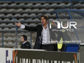 Belenenses's coach Sa Pinto issues instructions during the UEFA Europa League  football match between CF Belenenses and FC Basel at Restelo...