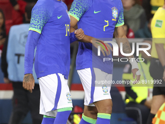 Raphinha of Brazil celebrates his goal with Lucas Paqueta of Brazil during the International friendly game, football match between Brazil an...