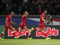 Montassar Talbi of Tunisia (right) celebrates his goal during the International friendly game, football match between Brazil and Tunisia on...