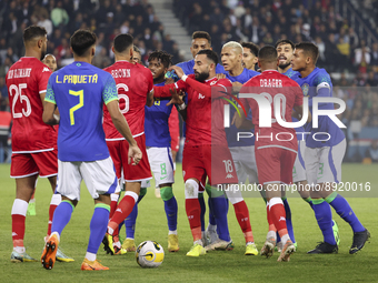 Players of both teams argue during the International friendly game, football match between Brazil and Tunisia on September 27, 2022 at Parc...