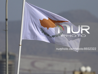 The national flag of Cyprus during a military parade celebrating the 61st anniversary of the Independence of Cyprus from British colonial ru...