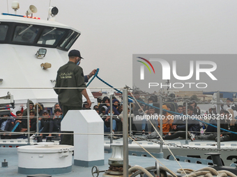 Arriving of a Tunisian guard coast boat carrying irregular migrants caught near the coast of Sfax. (