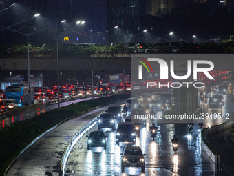 Traffic jam during rush hour in business district, Jakarta on 3 October 2022. President Joko Widodo mentioned the possibility that the gover...