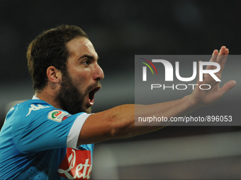 Gonzalo Higuain of SSC Napoli celebrates after scoring during the italian Serie A football match between SSC Napoli and Udinese at San Paolo...