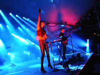 Sarah Barthel (L) and Josh Carter (R) of the duo Phantogram perform in concert at Stubb's on April 22, 2014 in Austin, Texas. (
