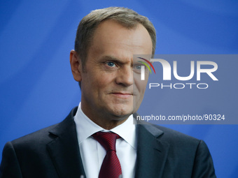 BERLIN, GERMANY - APRIL 25:  German Chancellor Angela Merkel (unseen) and the Polish Prime Minister Donald Tusk hold a press conference ahea...