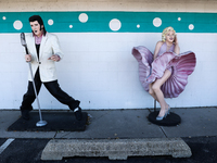 Statues of Elvis Presley and Mairlyn Monroe are seen near the diner in Braidwood, United States on October 15, 2022. (