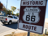 Illinois Route 66 sign is seen near the road in Braidwood, United States on October 15, 2022. (