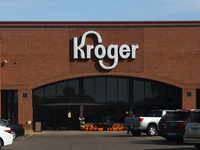 Kroger logo is seen on the shop in Streator, United States on October 15, 2022. (