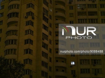 Dark windows in residential blocks during a power cut amid the Russian destroyal of Ukrainian power infrastructure in Kyiv, Ukraine, October...