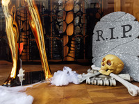 Halloween decorations in a club's window in Krakow, Poland on October 28, 2022. (