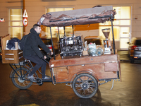 A coffee merchant on a mobile coffee bike is seen in Warsaw, Poland on 28 October, 2022. (