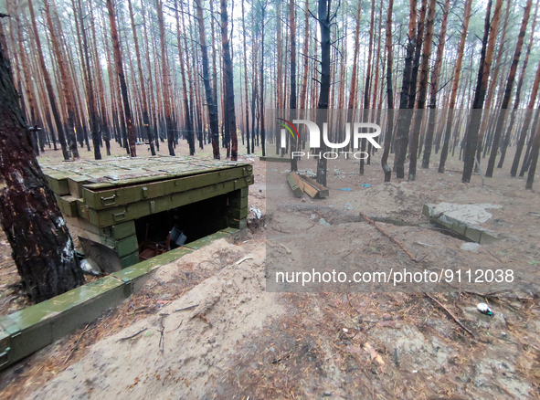 KHARKIV REGION, UKRAINE - OCTOBER 26, 2022 - A camp of Russian invaders is pictured in a forest near Izium after the liberation of the area...