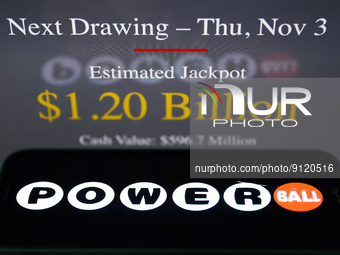Powerball logo displayed on a phone screen and PowerBall website displayed on a laptop screen are seen in this illustration photo taken in K...