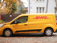 A DHL delivery van is seen in Warsaw, Poland on 01 November, 2022. DHL Global Forwarding, the air and ocean freight specialist of Deutsche P...