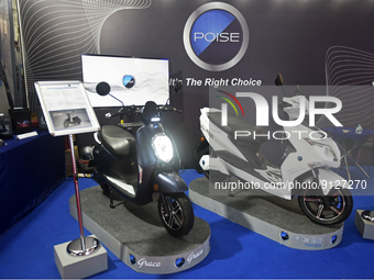 Poise an electric scooter company displays their range of EV Scooter at Global Investors Meet 2022 in Bangalore, India, 02 November, 2022....