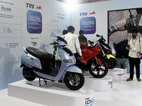 TVS range of two wheelers are on display at Global Investors Meet 2022 in Bangalore, India, 02 November, 2022.  (