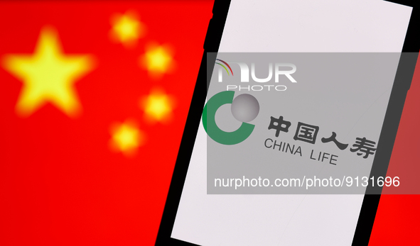 China Life Insurance Company logo displayed on a phone screen and Chinese flag displayed on a screen in the background are seen in this illu...