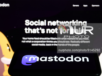 Mastodon logo displayed on a phone screen and Mastodon website displayed on a screen in the background are seen in this illustration photo t...