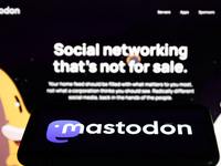 Mastodon logo displayed on a phone screen and Mastodon website displayed on a screen in the background are seen in this illustration photo t...
