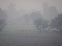 Farmers work in a field amidst a thick layer of smog and haze in New Delhi, India on November 3, 2022. Delhi's air quality deteriorated once...