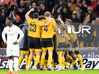 Boubacar Traore of Wolves and team-mates celebrates scoring their side's first goal of the game during the Carabao Cup match between Wolverh...