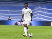 Aurelien Tchouameni of Real Madrid Cf looks to pass the ball during a match between Real Madrid v Cadiz CF as part of LaLiga in Madrid, Spai...