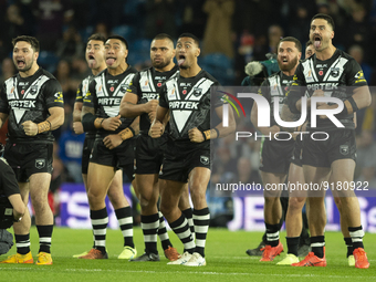 New Zealand perform thier Haka during the 2021 Rugby League World Cup Semi Final match between Australia and New Zealand at Elland Road, Lee...