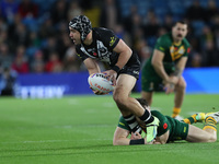 New Zealand's Jahrome Hughes in action during The 2021 Rugby League World Cup Semi Final between Australia and New Zealand at Elland Road, L...