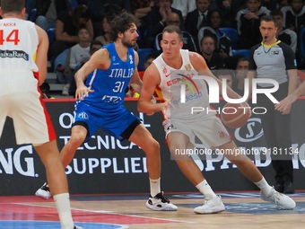 Miquel Salvo Llambrich (Spain) thwarted by Michele Vitali (Italy)  during the Iternational Basketball Teams 2023 FIBA ??World Cup qualifiers...