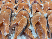 Salmon steaks displayed at a grocery store in Mississauga, Ontario, Canada on November 11, 2022. The majority of respondents in a Canada-wid...