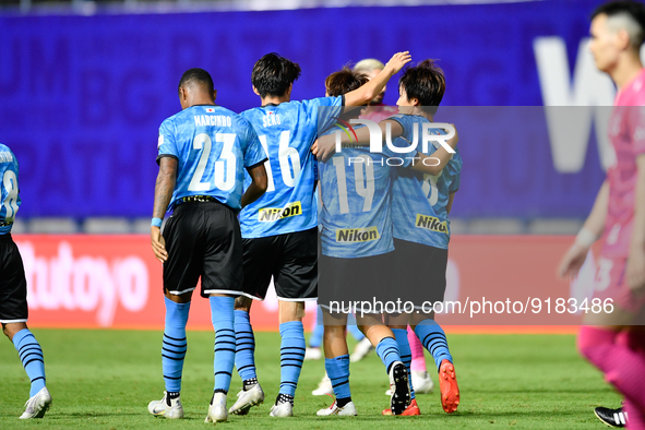 Kawaski Frontale team players celebrate after scoring during the J.League Asia Challenge Thailand 2022 Interleague Cup between BG Pathum Uni...