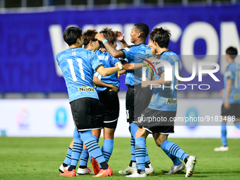 Kawaski Frontale team players celebrate after scoring during the J.League Asia Challenge Thailand 2022 Interleague Cup between BG Pathum Uni...
