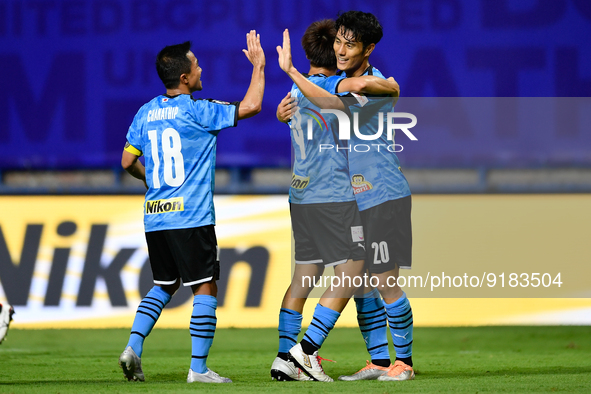 Kei Chinen #20 of Kawasaki Frontale celebrates after his scoring during the J.League Asia Challenge Thailand 2022 Interleague Cup between BG...