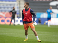 Jerry Yates (9)of Blackpool FC warms up during the Sky Bet Championship match between Wigan Athletic and Blackpool at the DW Stadium, Wigan...