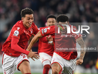 Morgan Gibbs-White of Nottingham Forest celebrates with Brennan Johnson of Nottingham Forest after scoring a goal to make it 1-0 during the...