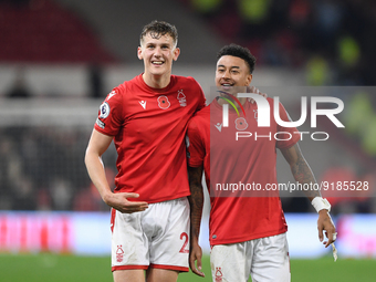 Ryan Yates of Nottingham Forest and Jesse Lingard of Nottingham Forest celebrate victory during the Premier League match between Nottingham...
