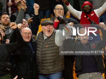 Arsenals fans in the stand celebrate after winning over Wolves during the Premier League match between Wolverhampton Wanderers and Arsenal a...