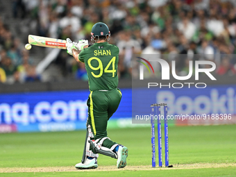 Shan Masood of Pakistan bats during ICC Men's T20 World Cup match between Pakistan and England at Melbourne Cricket Ground on November 13, 2...