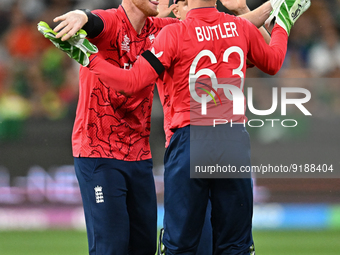 Ben Stokes of England celebrates wicket of Iftikhar Ahmed of Pakistan during ICC Men's T20 World Cup match between Pakistan and England at M...